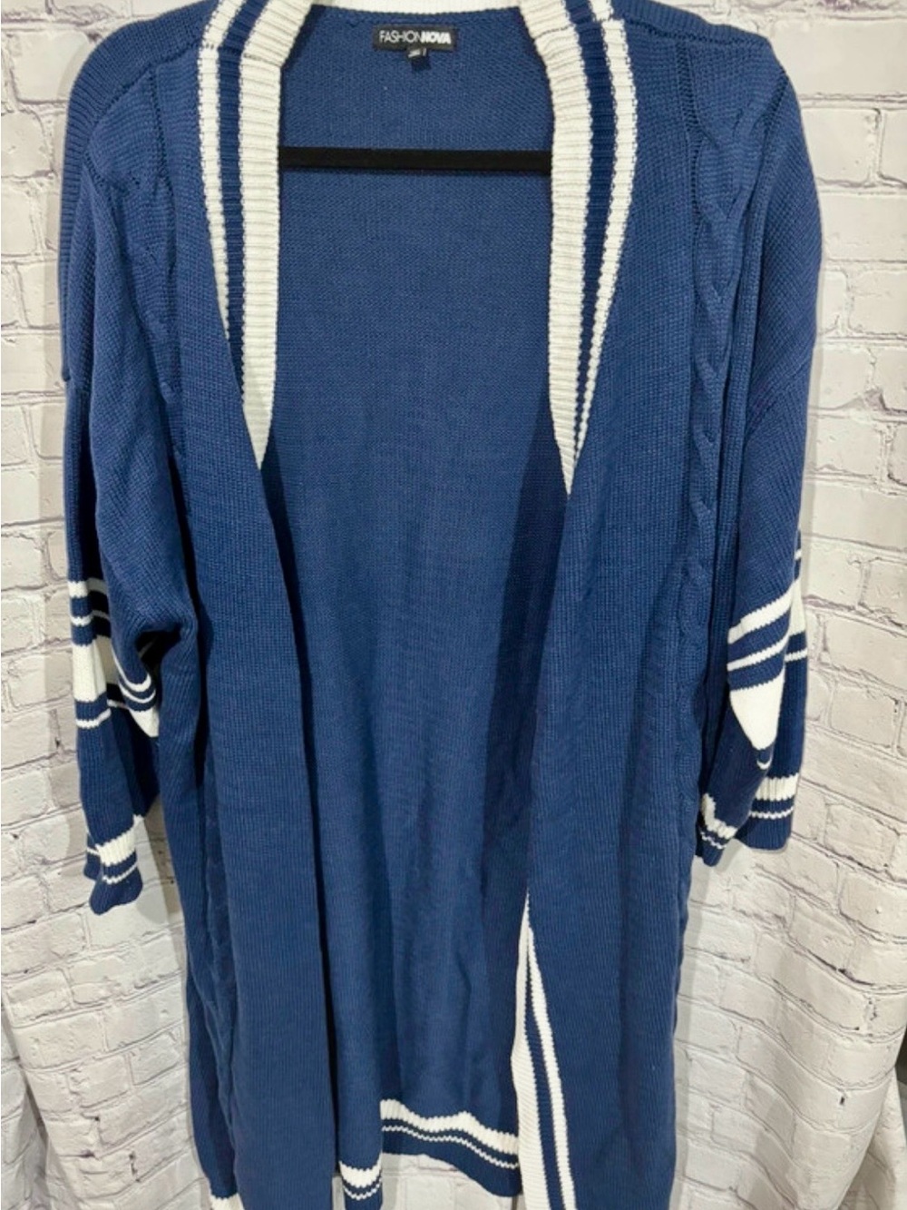Fashion Nova Navy & White Stripe Trim Open Cardigan